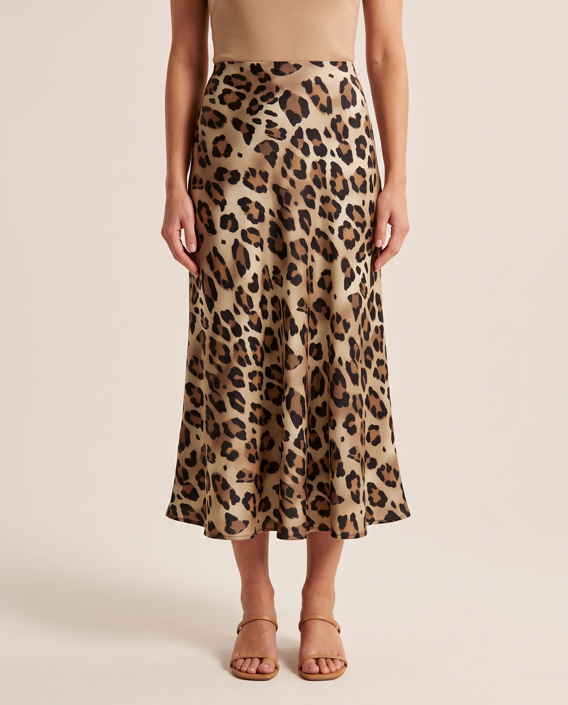 Leopard Print Satin Midi Skirt — front view