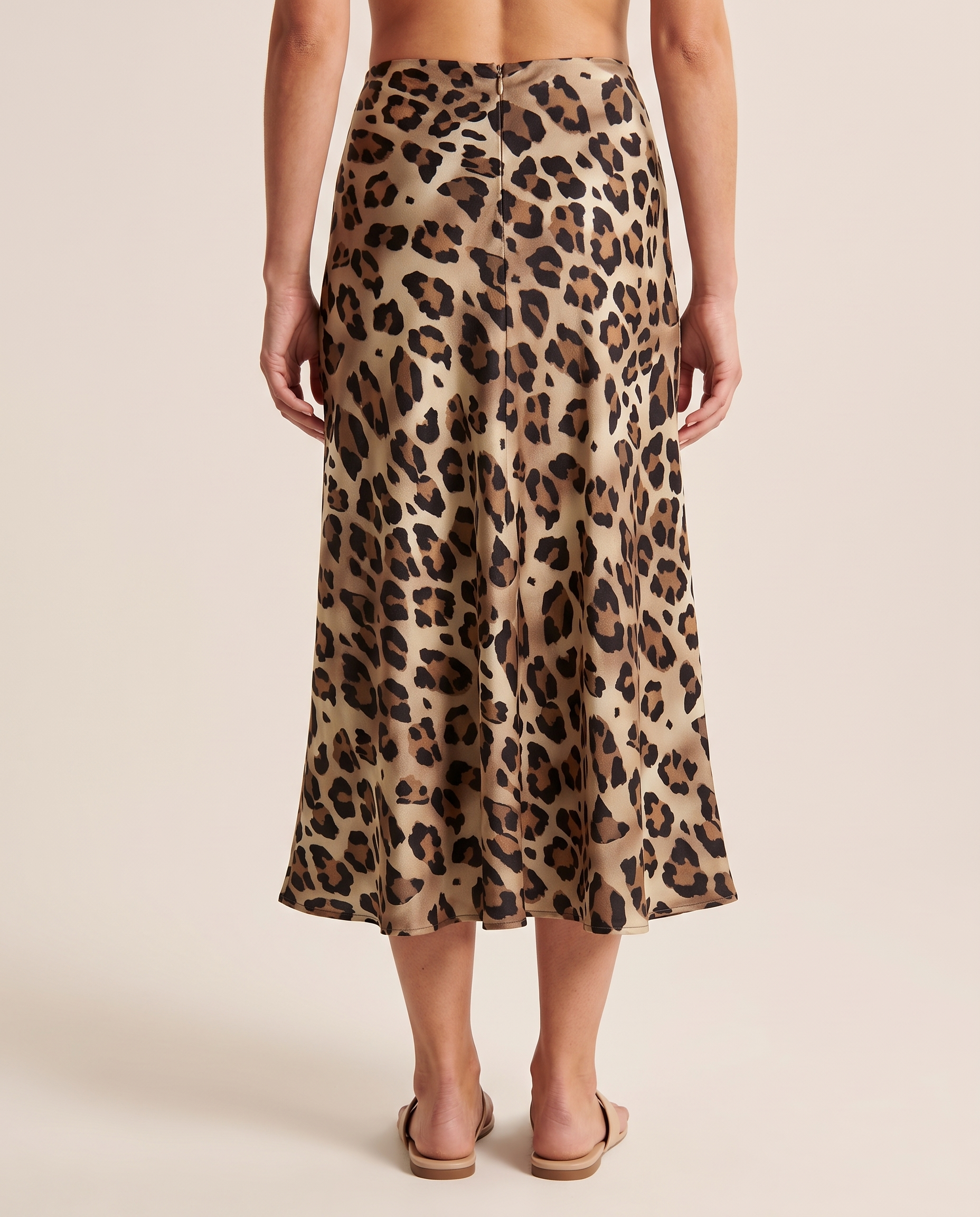 Leopard Print Satin Midi Skirt — back view