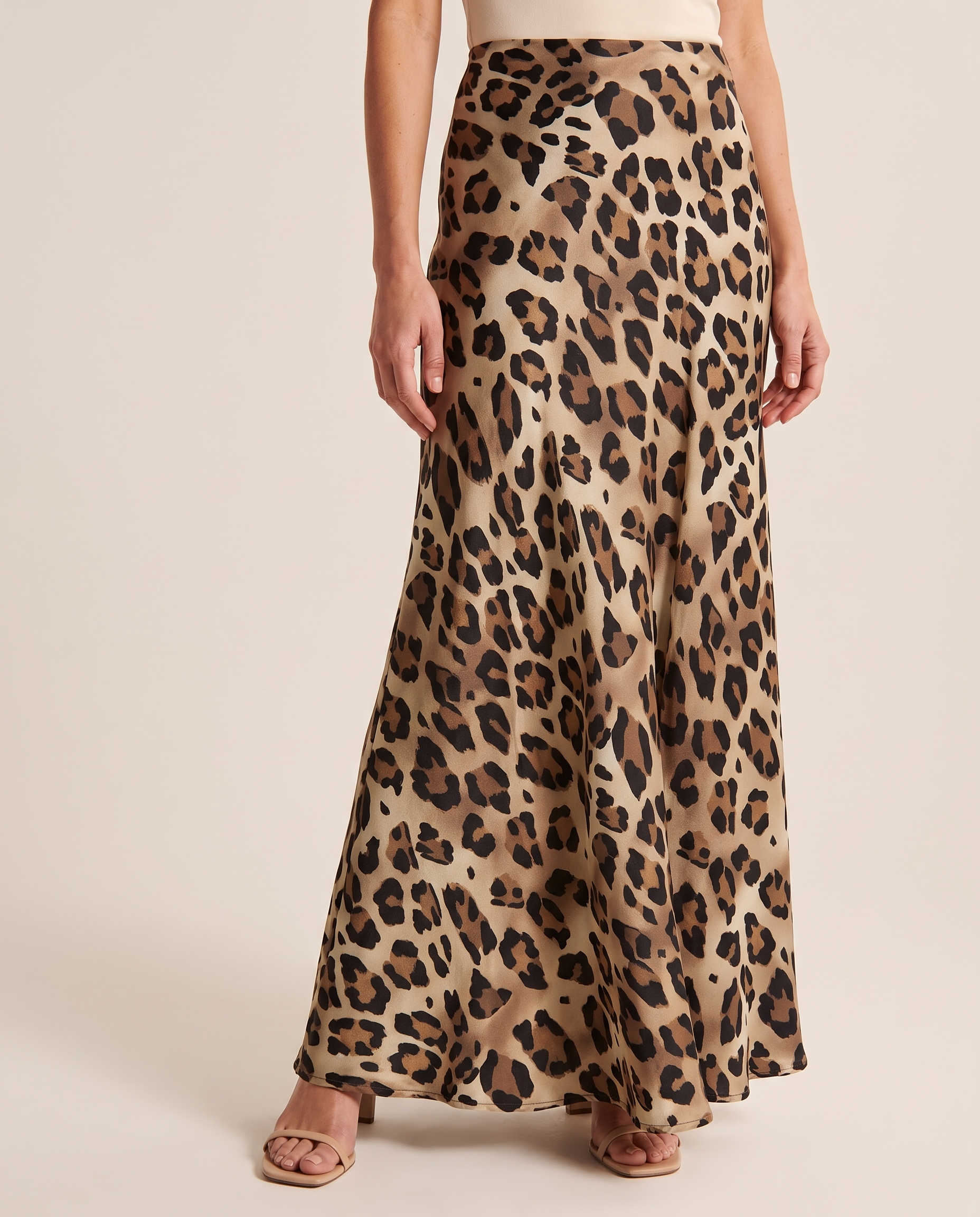 Leopard Print Satin Midi Skirt — three-quarter view