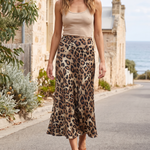 Leopard Print Satin Midi Skirt — outdoor styling