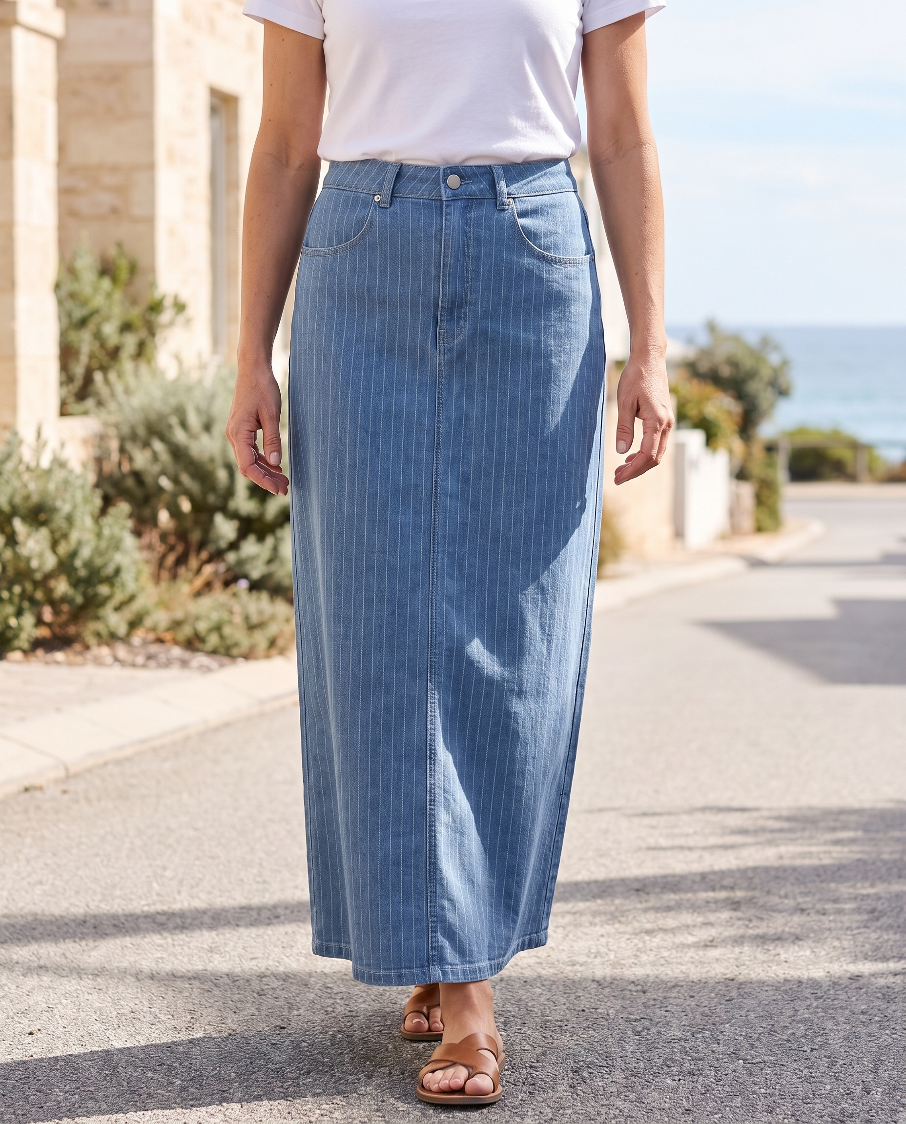Pinstripe Denim Skirt — outdoor styling