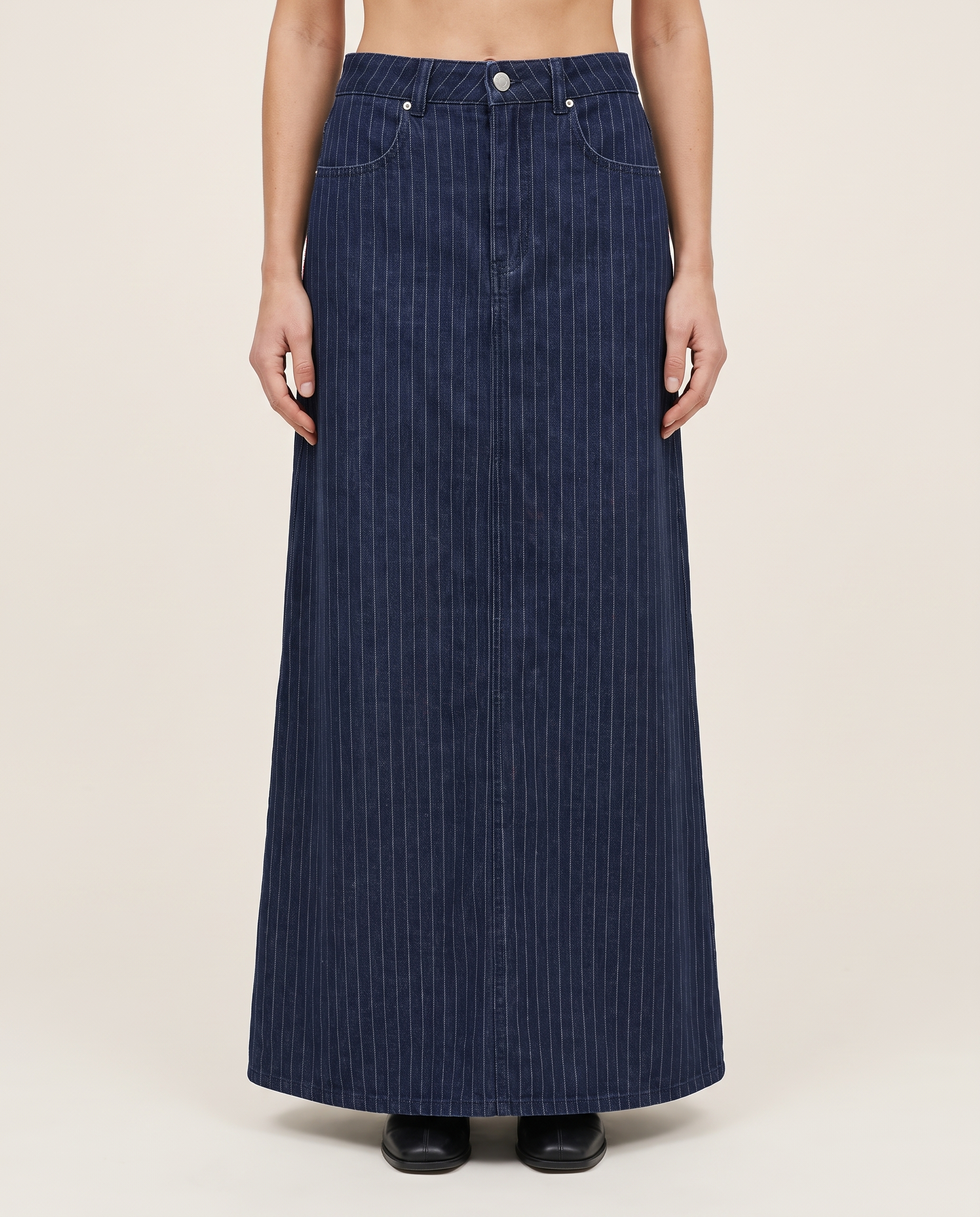Pinstripe Denim Skirt — Navy front