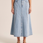 Light-Wash Pleated Denim Midi Skirt — front view