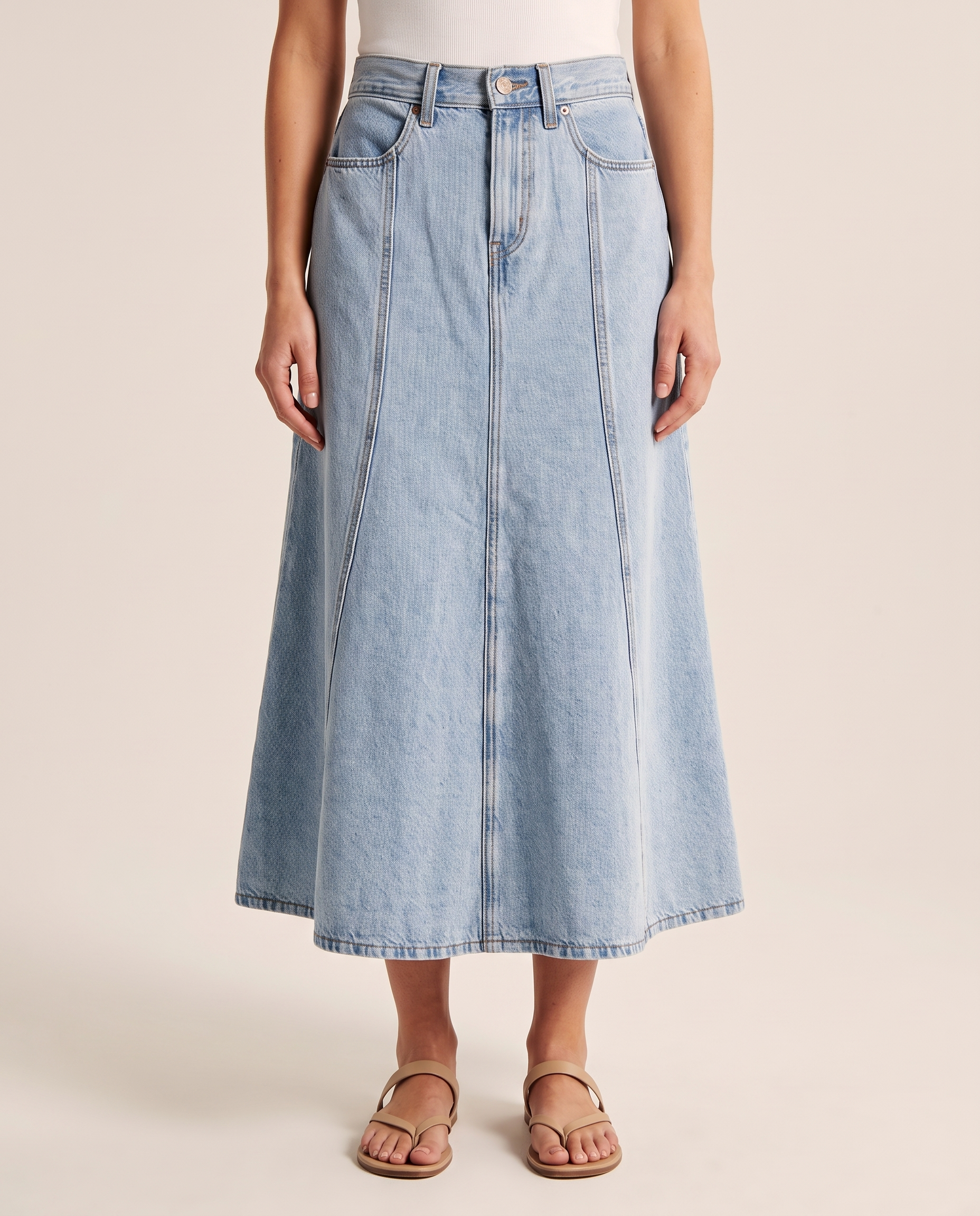 Light-Wash Pleated Denim Midi Skirt — front view