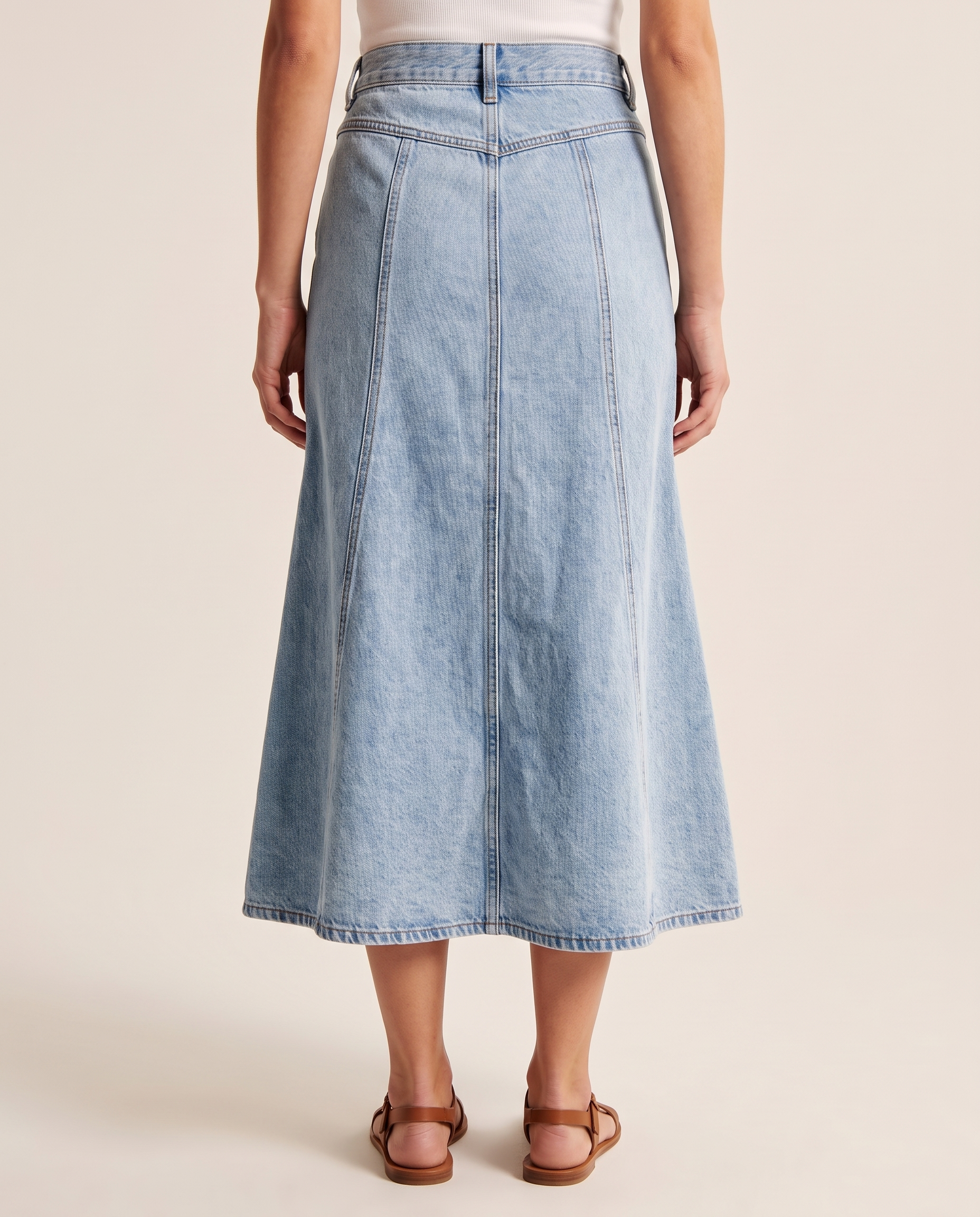 Light-Wash Pleated Denim Midi Skirt — back view