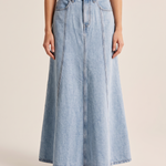 Light-Wash Pleated Denim Midi Skirt — three-quarter view
