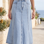 Light-Wash Pleated Denim Midi Skirt — outdoor styling