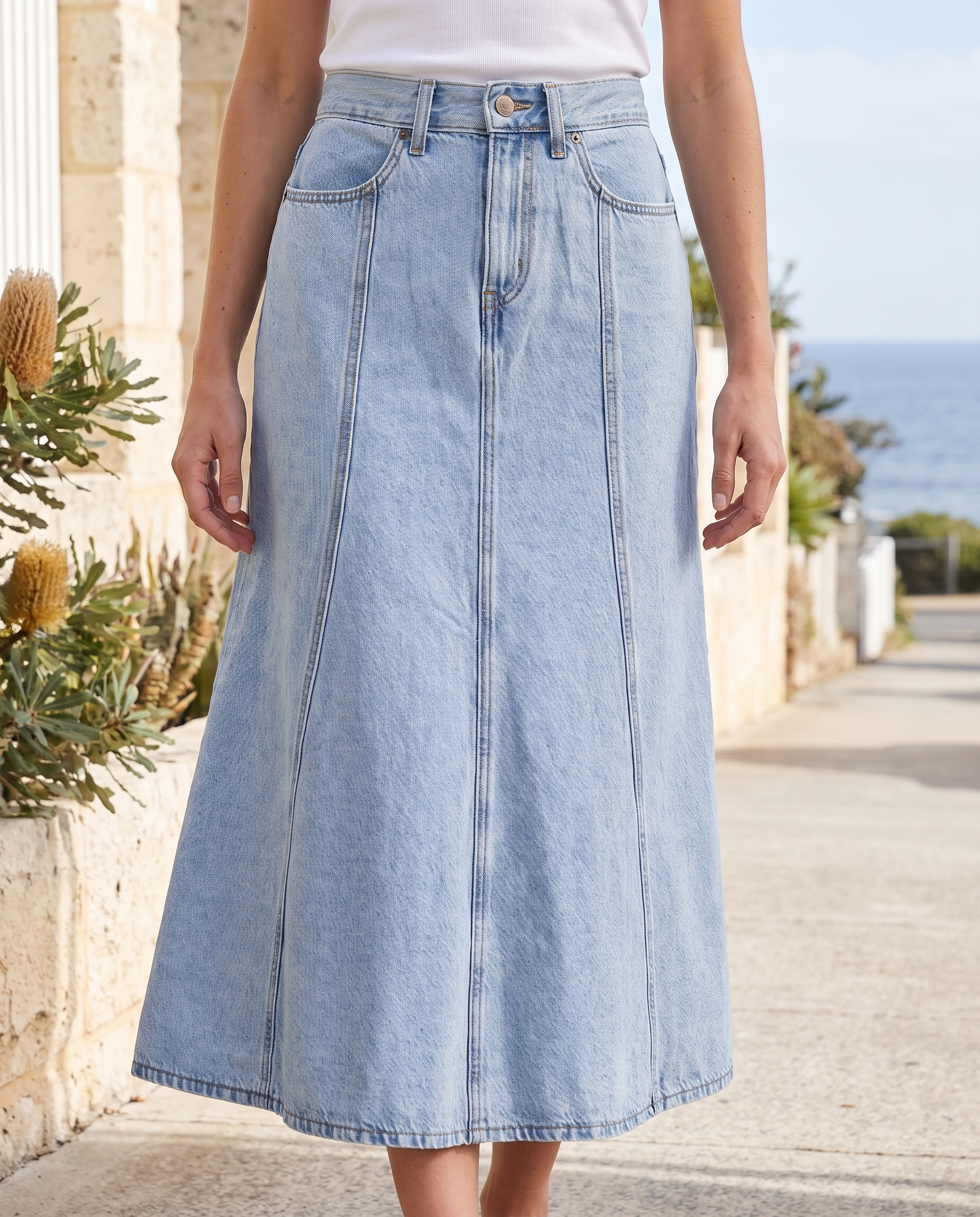 Light-Wash Pleated Denim Midi Skirt — outdoor styling