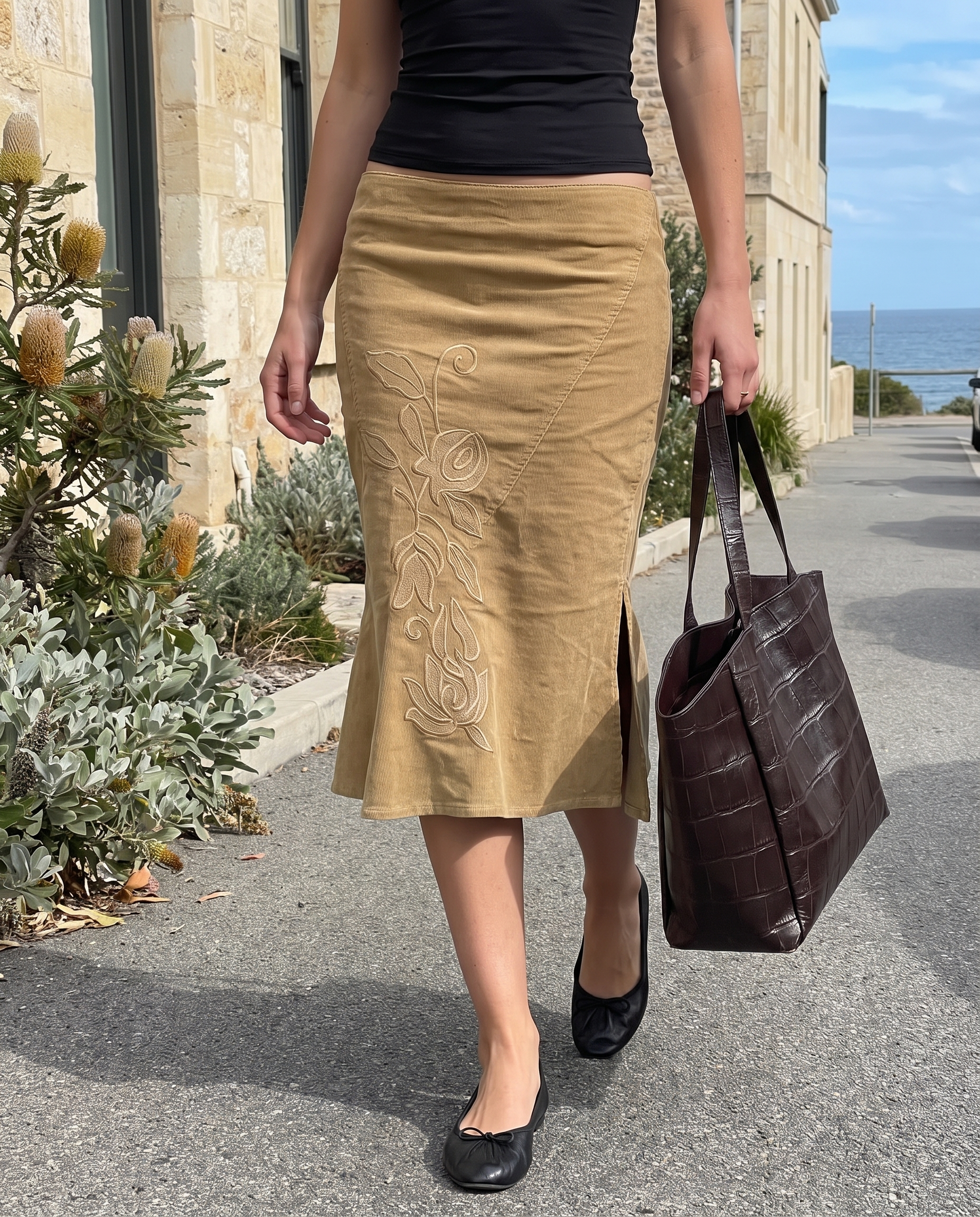 Printed Side-Split Maxi Skirt — Khaki lifestyle