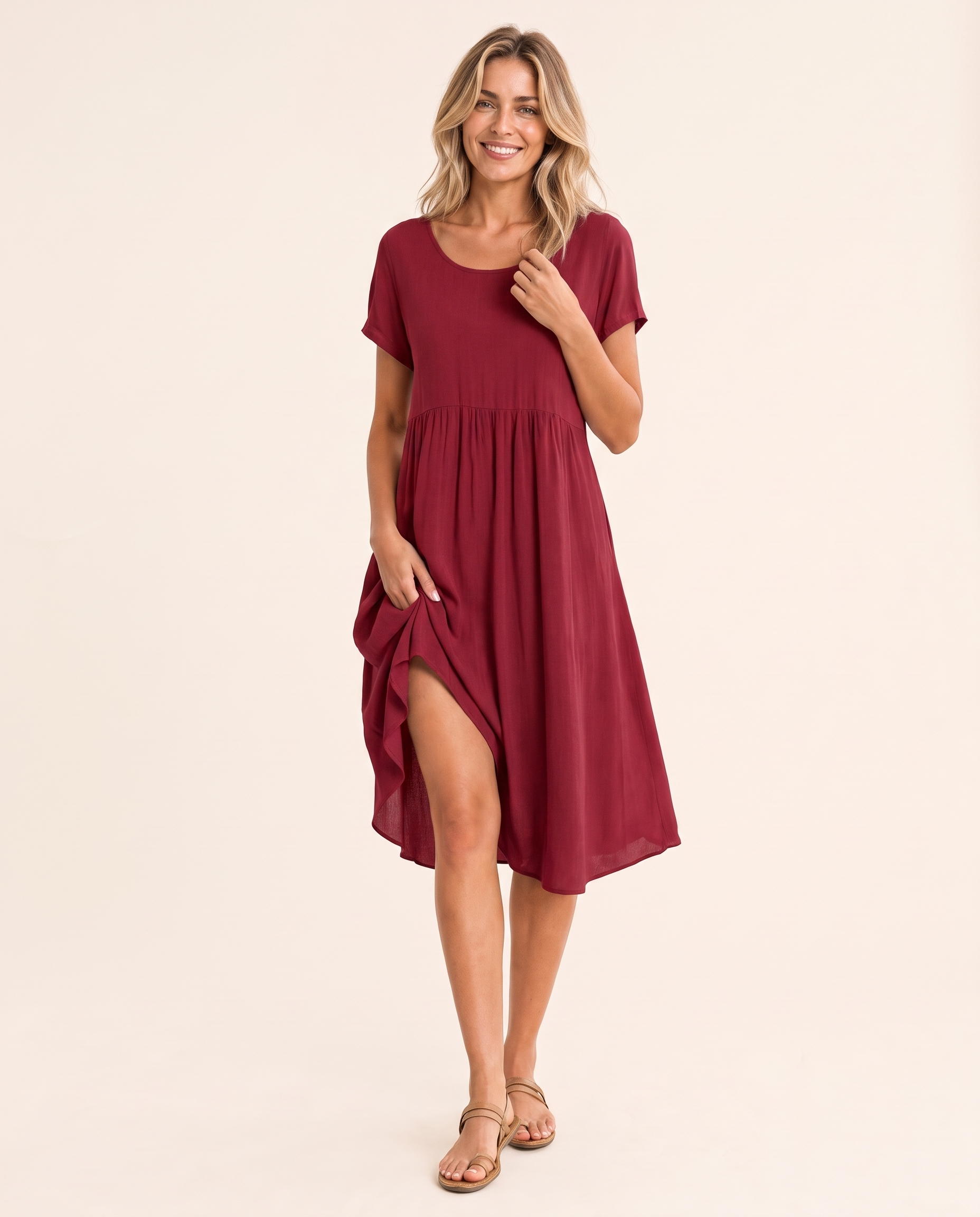 Summer Midi Dress with Relaxed Fit — Deep Red
