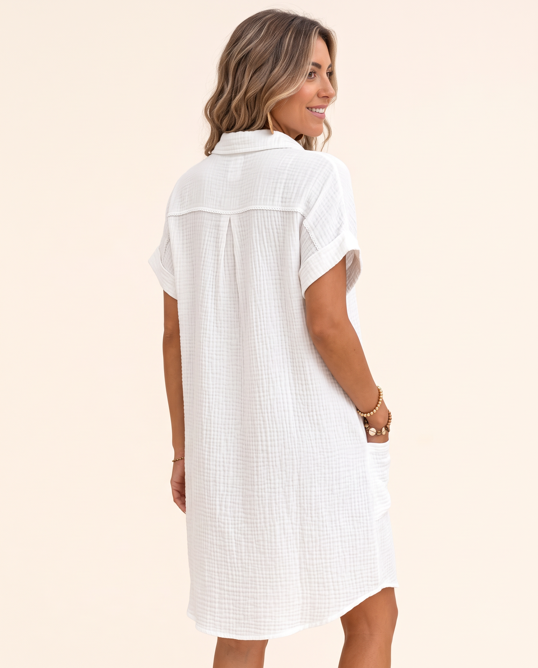 Textured Short Sleeve Shirt Dress with Pockets — construction detail