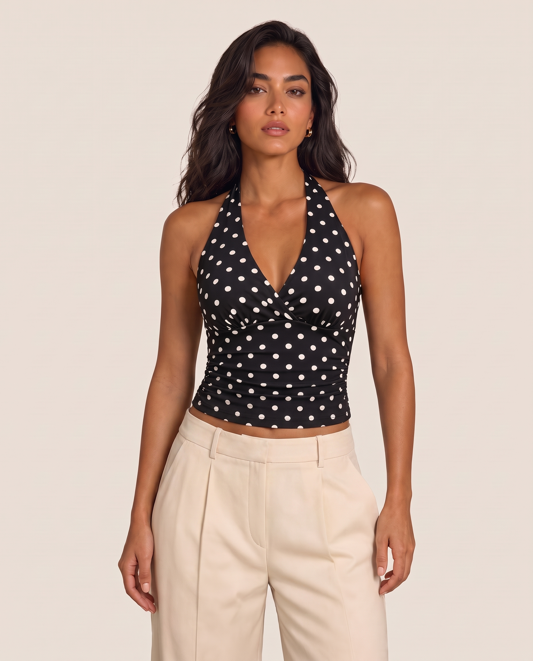 Ruched V Neck Crop Top with Halter Neck – product detail view 4