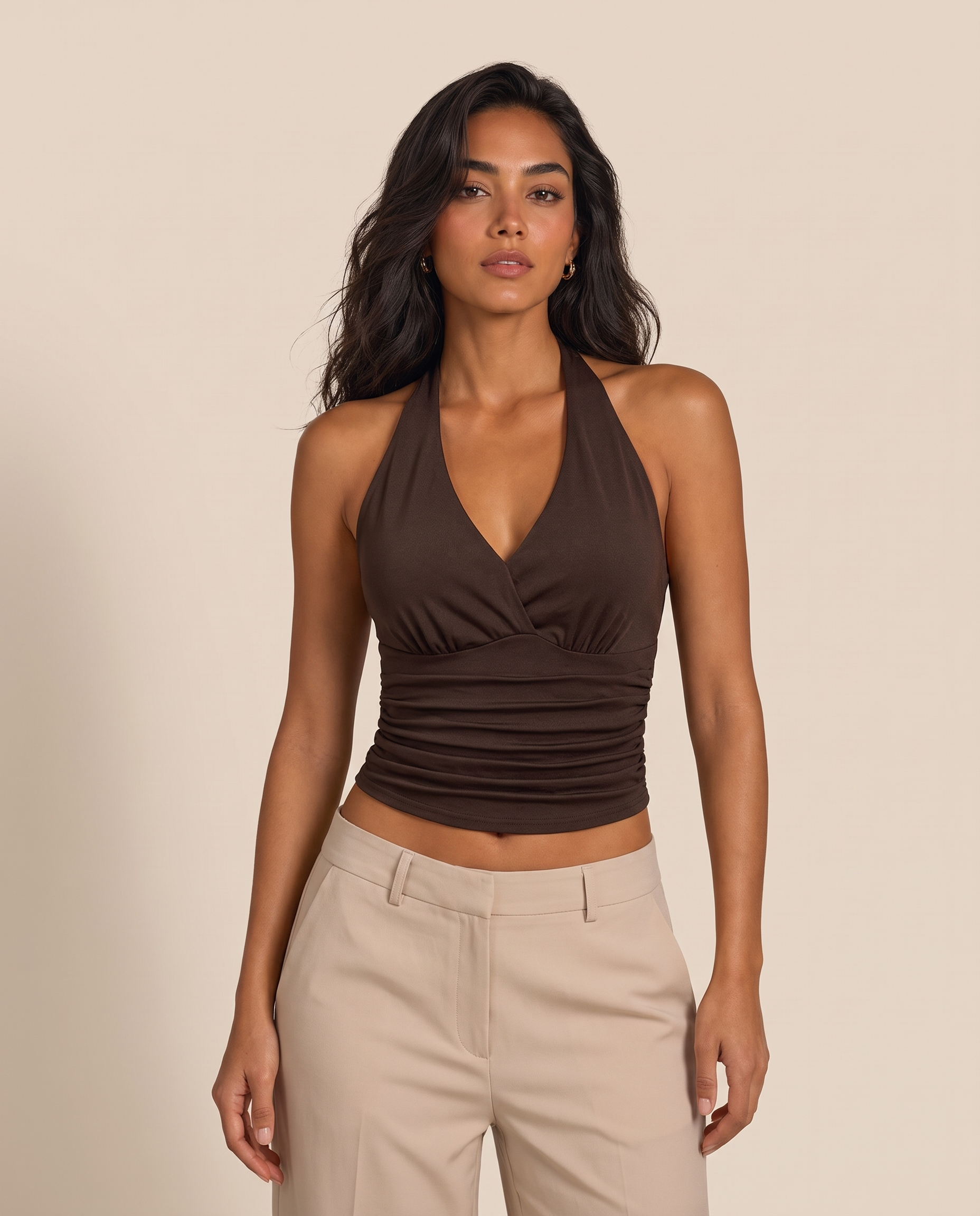 Ruched V Neck Crop Top with Halter Neck – product detail view 6