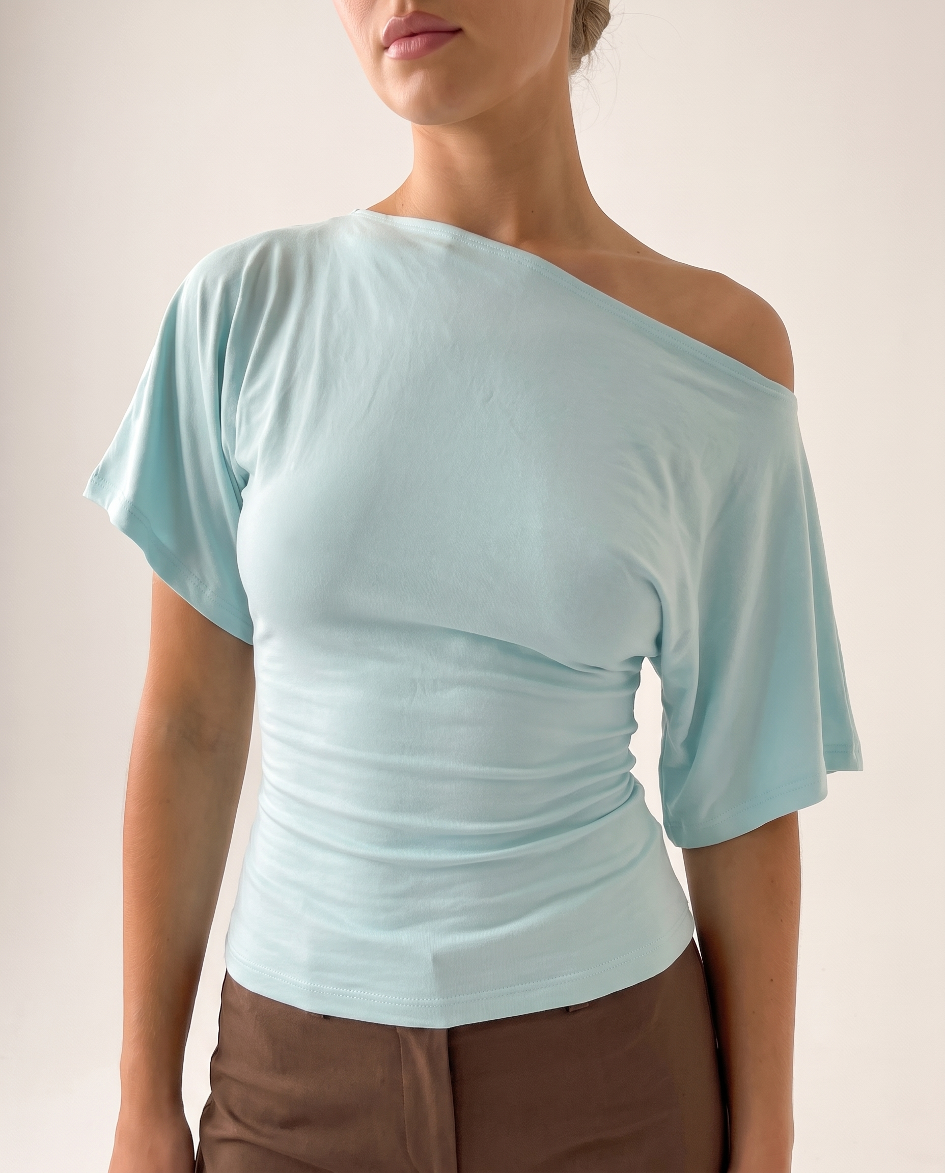 Asymmetric Neck Crop Top with Short Sleeves – alternate product view