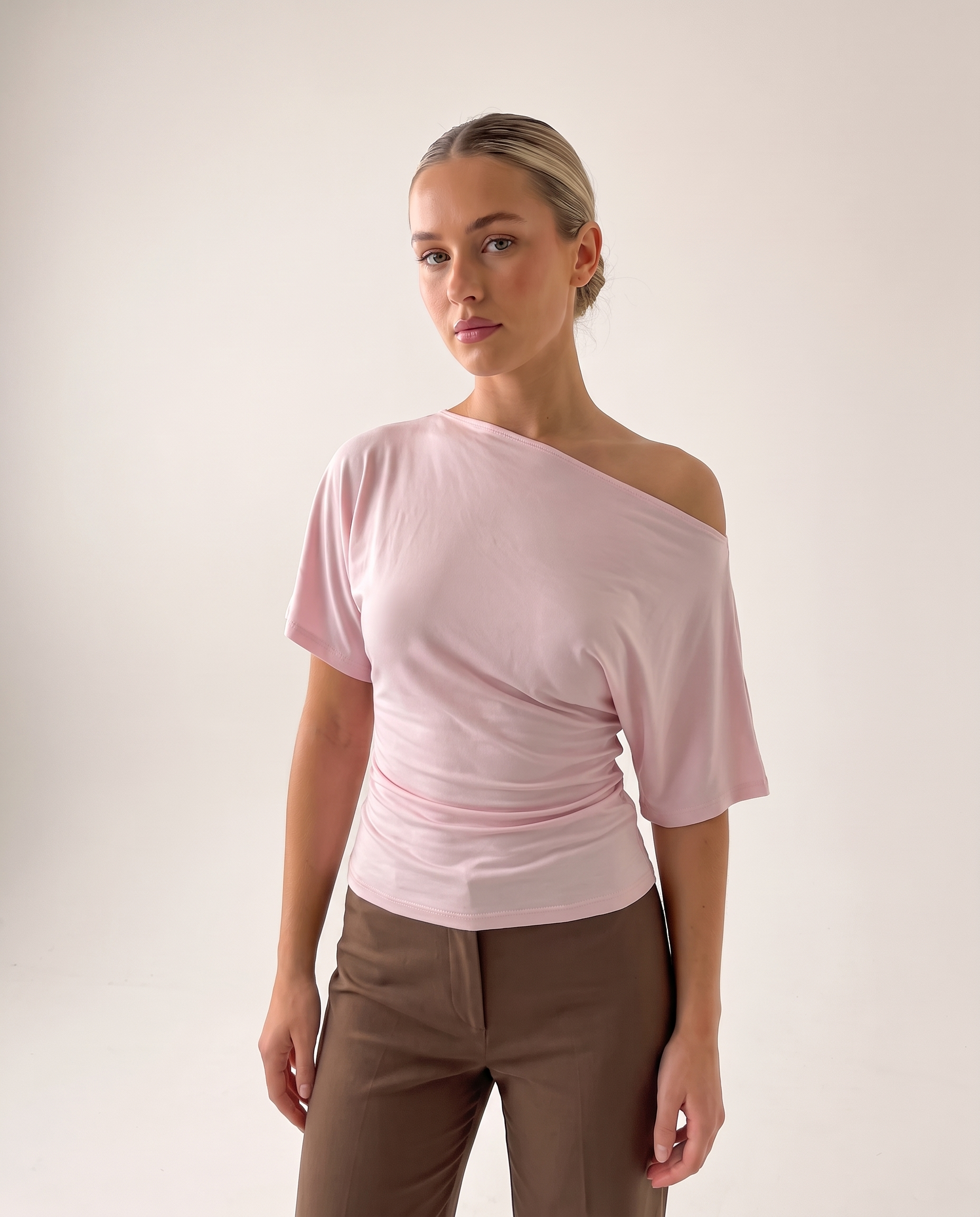 Asymmetric Neck Crop Top with Short Sleeves – product detail view 4