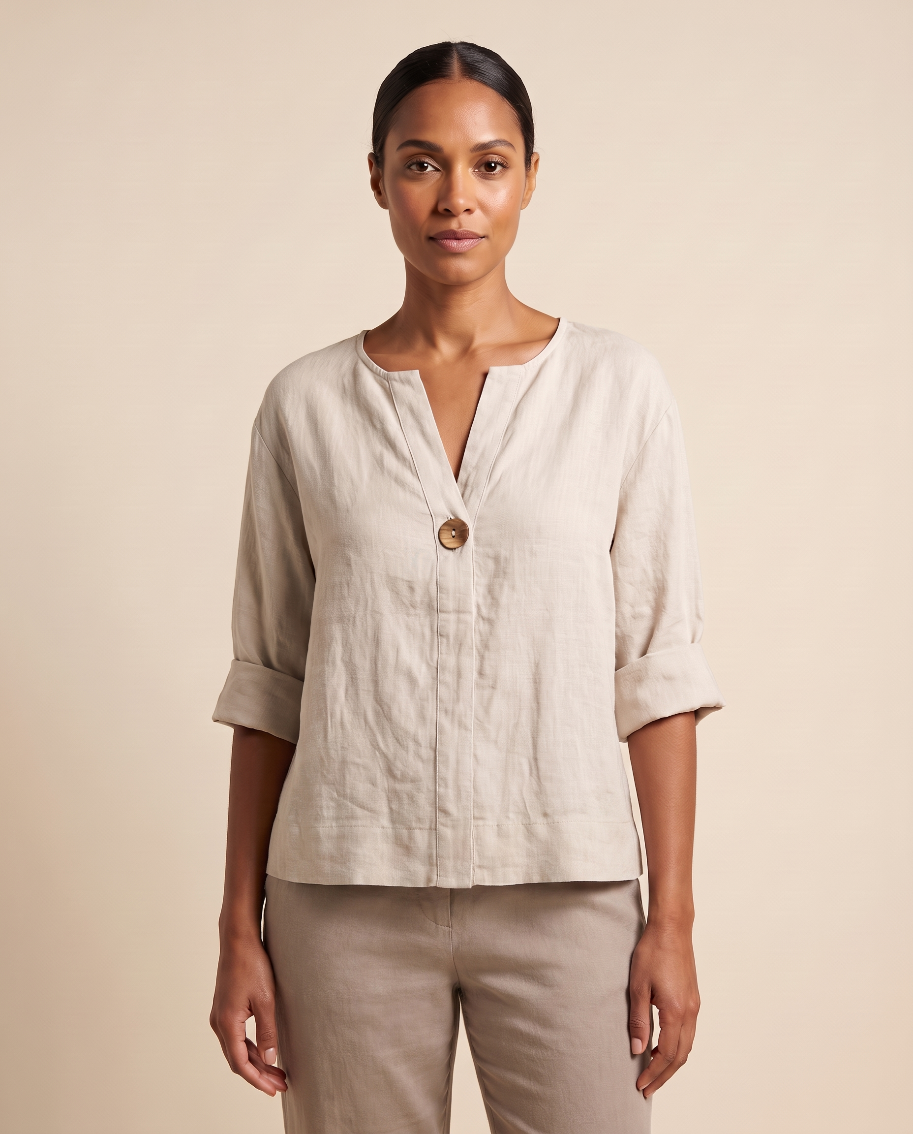 Linen Blouse with V Neck and Three Quarter Sleeves – primary product view