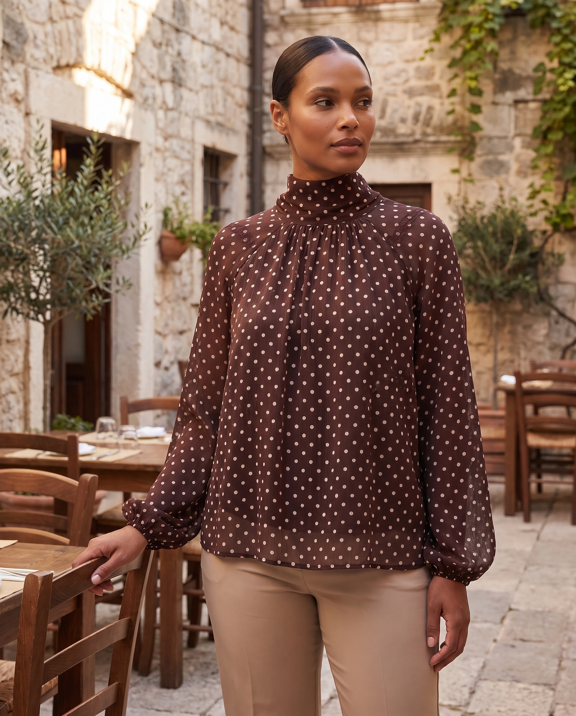 Polka Dot Blouse with High Neck and Long Sleeves – product detail view 2
