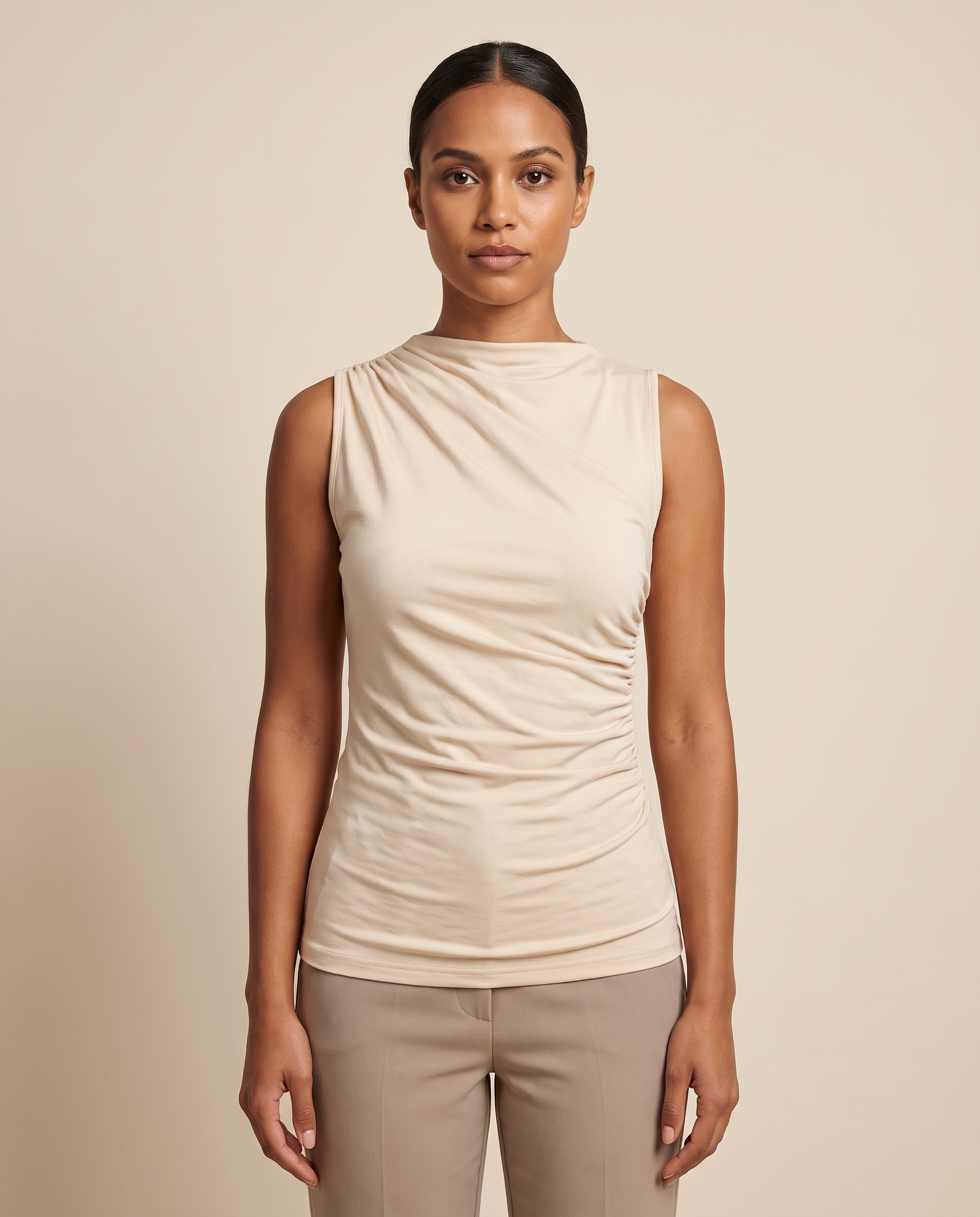 Ruched High Neck Tank Top with Pleated Body – primary product view