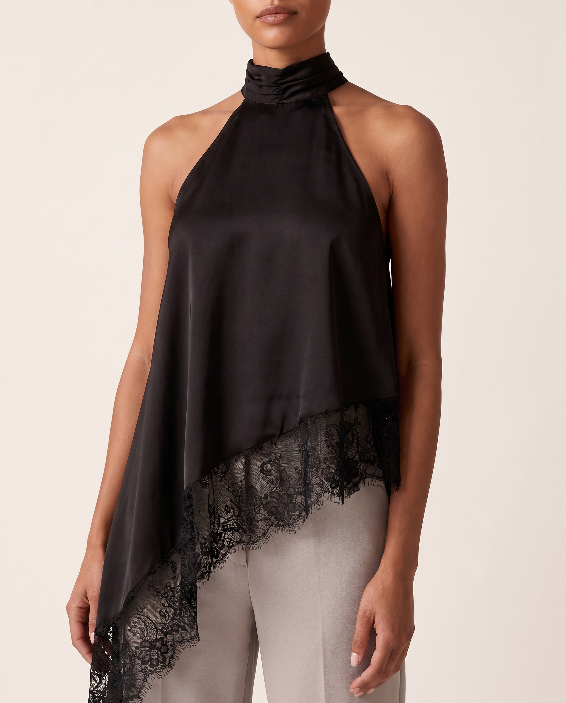 Satin and Lace Halter Top with Asymmetric Hem – product detail view 1