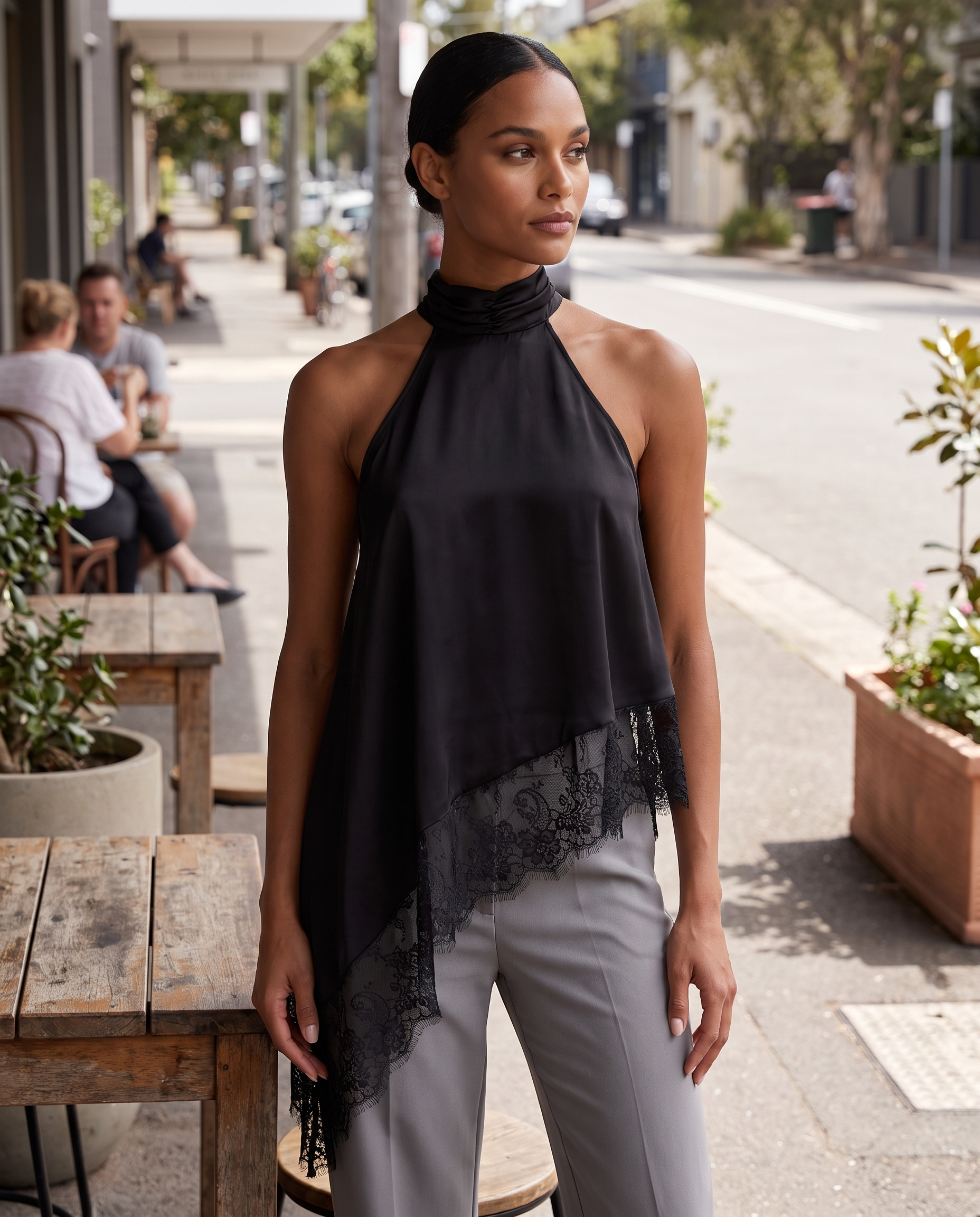 Satin and Lace Halter Top with Asymmetric Hem – product detail view 2