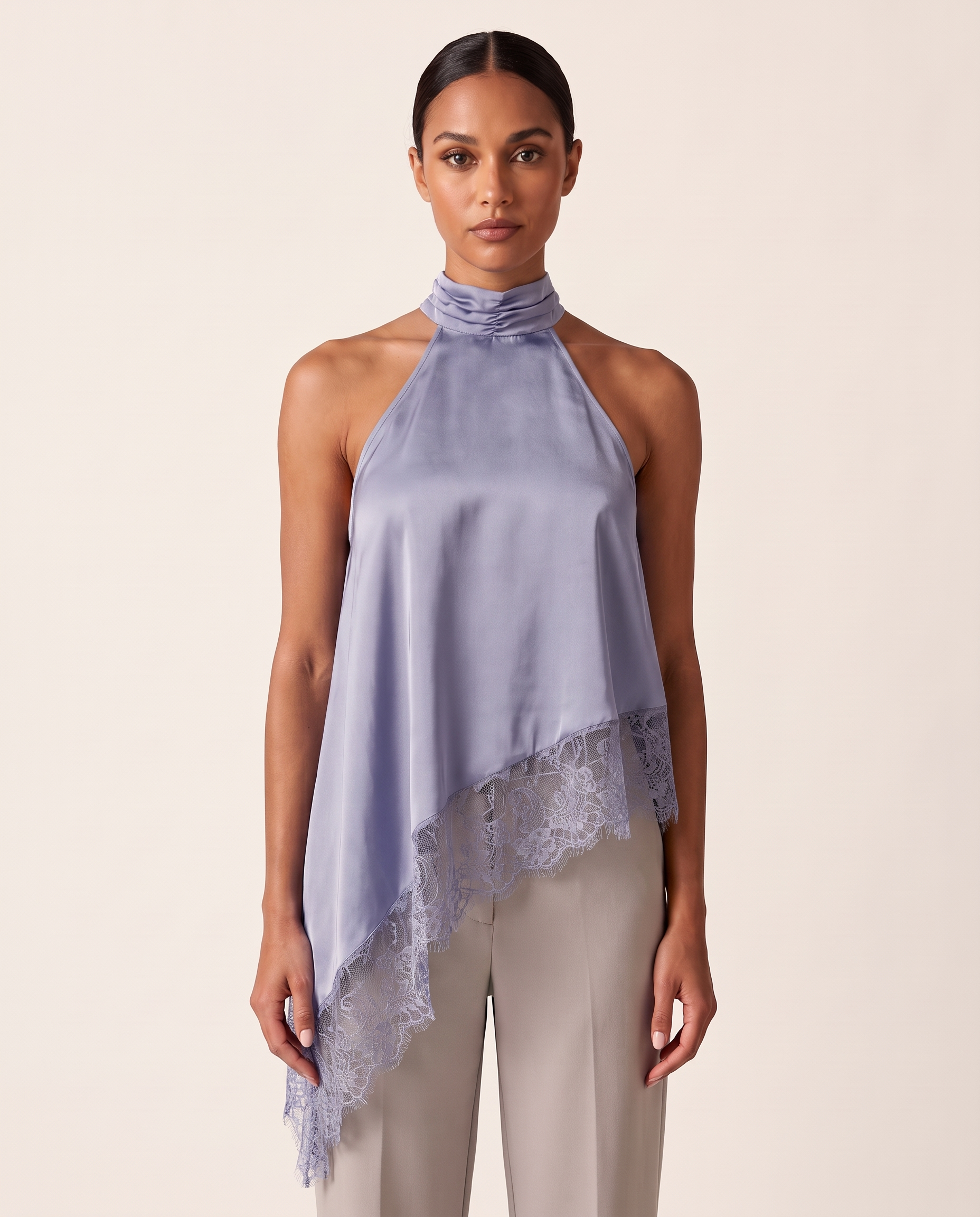 Satin and Lace Halter Top with Asymmetric Hem – product detail view 4