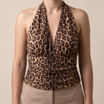 Leopard Print Halter Crop Top with Ruched Waist – alternate product view