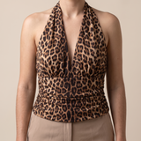 Leopard Print Halter Crop Top with Ruched Waist – alternate product view