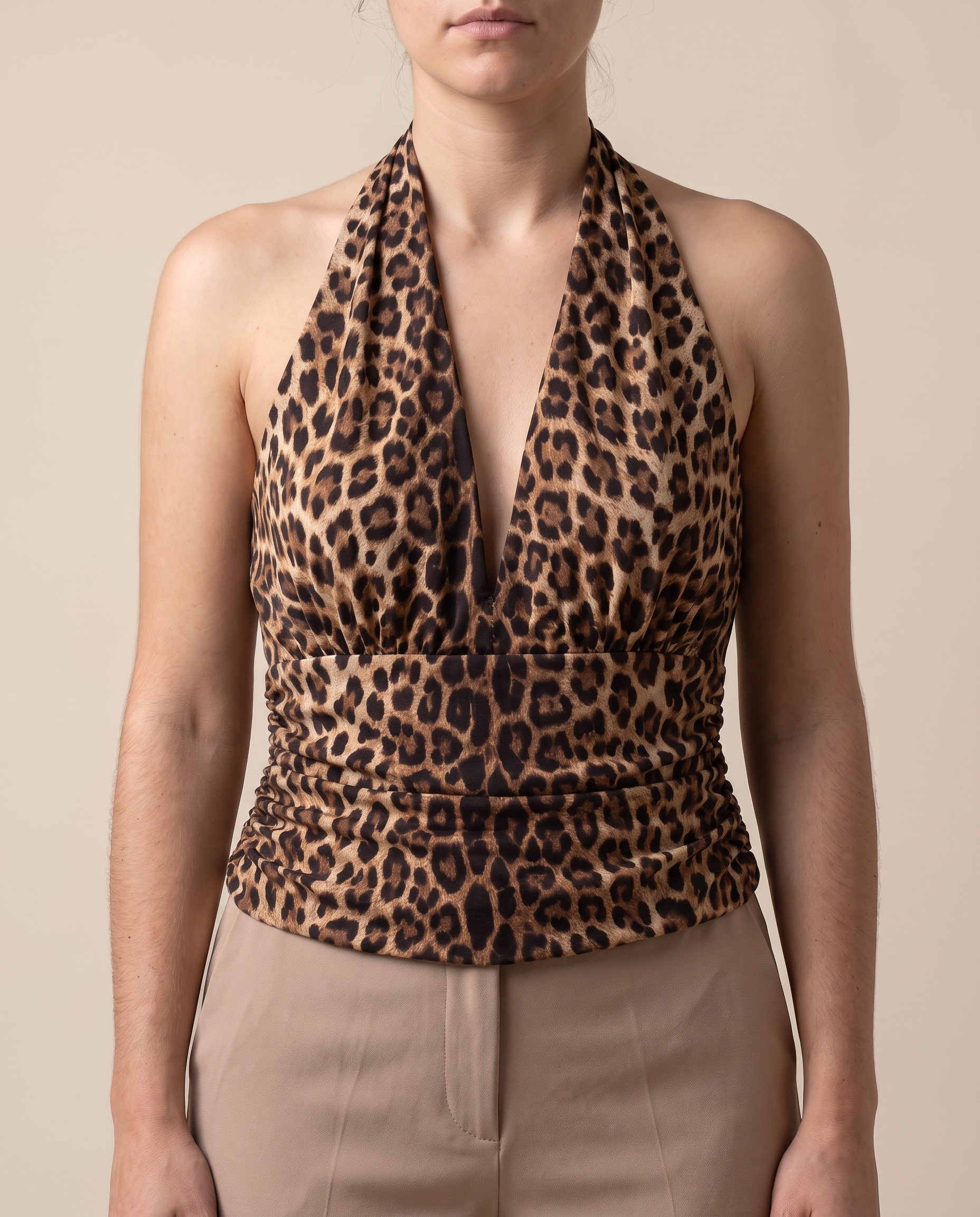 Leopard Print Halter Crop Top with Ruched Waist – alternate product view
