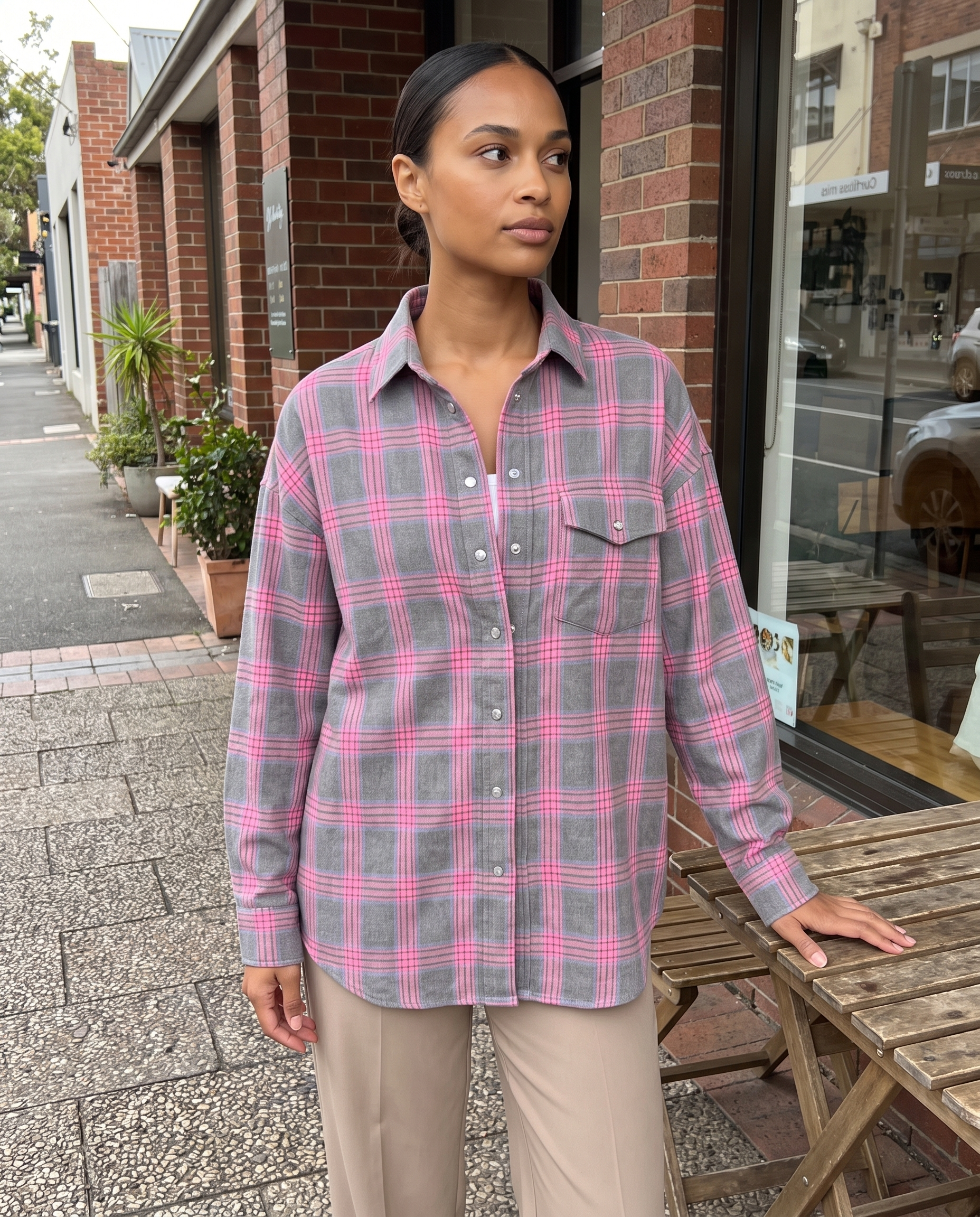 Checked Oversized Shirt with Button Front and Chest Pocket – product detail view 1