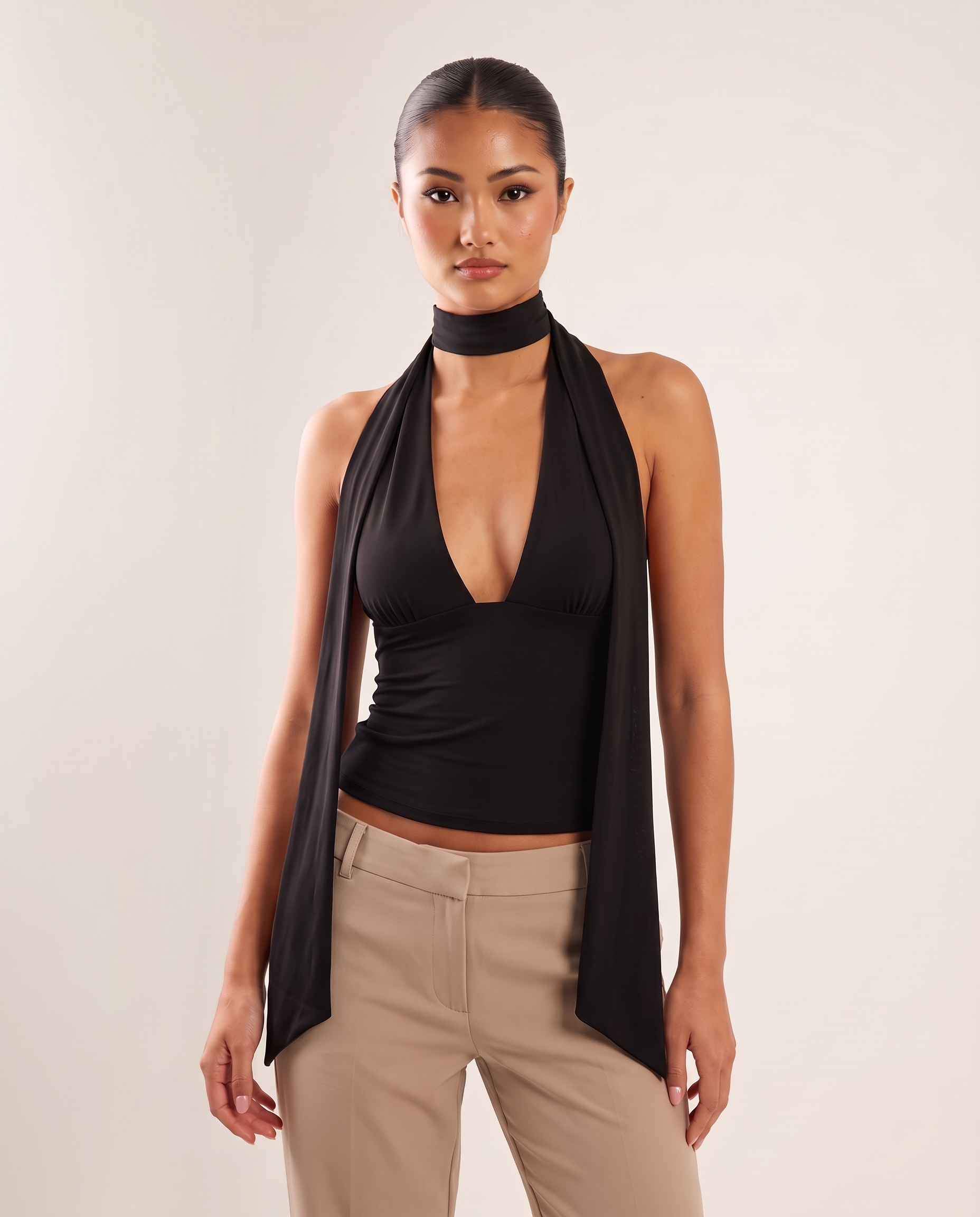 Halter Scarf Tank Top with Plunge Neck and Open Back – primary product view