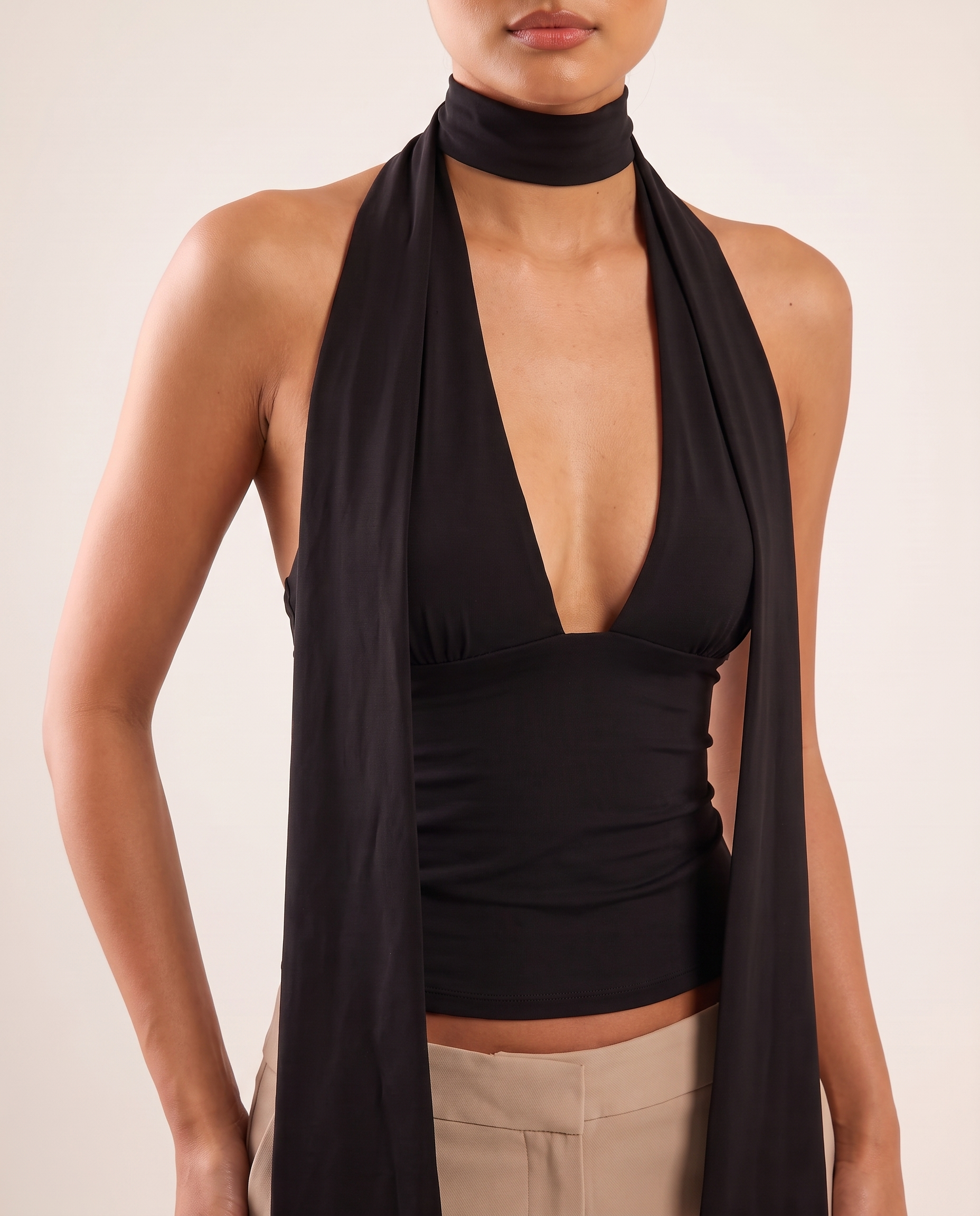 Halter Scarf Tank Top with Plunge Neck and Open Back – alternate product view