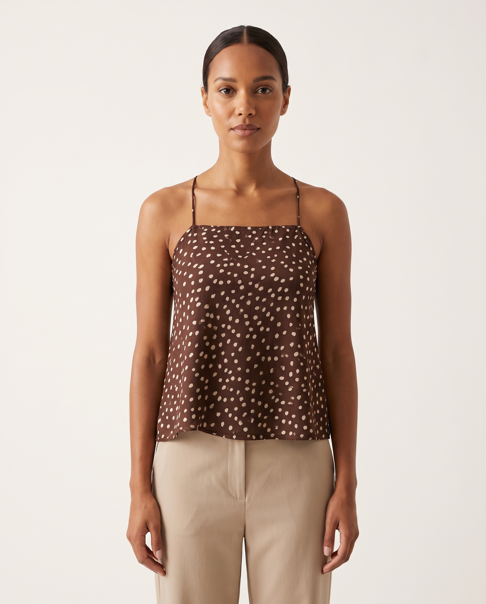 Polka Dot Chiffon Cami with Tie Back and Asymmetric Hem – primary product view