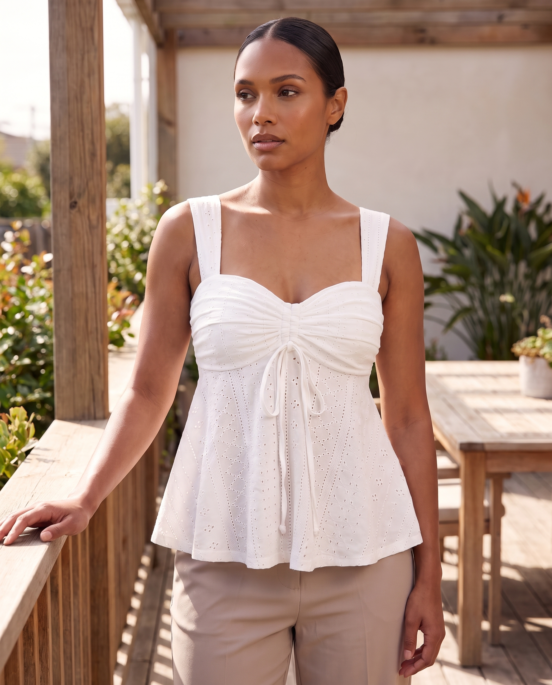 Sweetheart Neck Cami with Ruffle Trim and Drawstring – product detail view 2