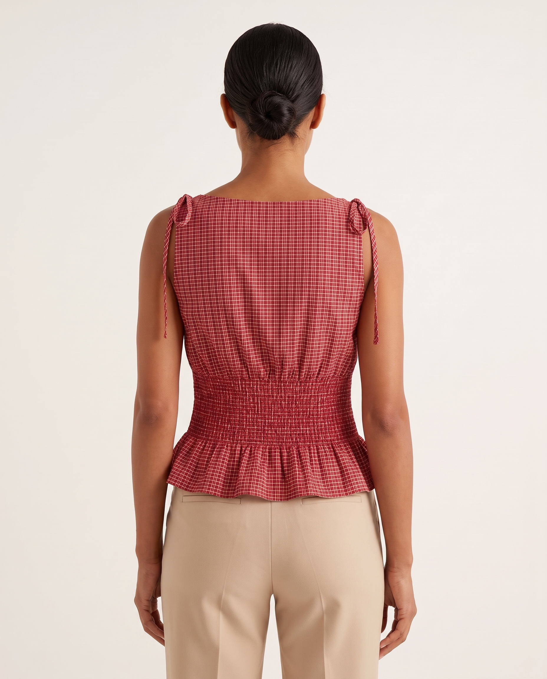 Checked Babydoll Tank Top with Ruffle Trim – alternate product view