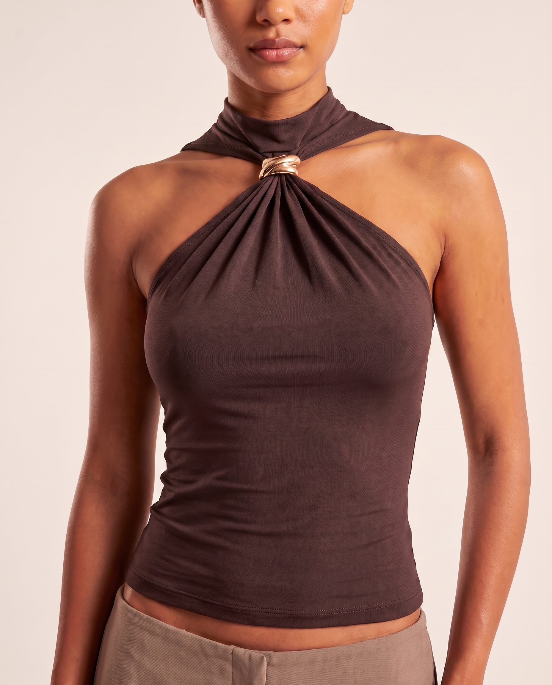 Halter Crop Top with Twist Front and Metal Ring – product detail view 1