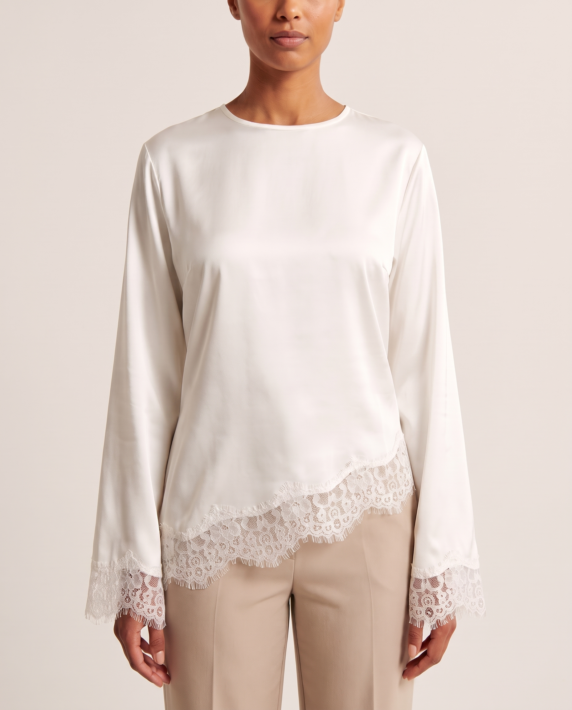 Lace Trim Long Sleeve Top with Round Neck – product detail view 1