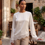 Lace Trim Long Sleeve Top with Round Neck – product detail view 2