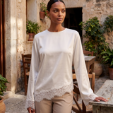 Lace Trim Long Sleeve Top with Round Neck – product detail view 2