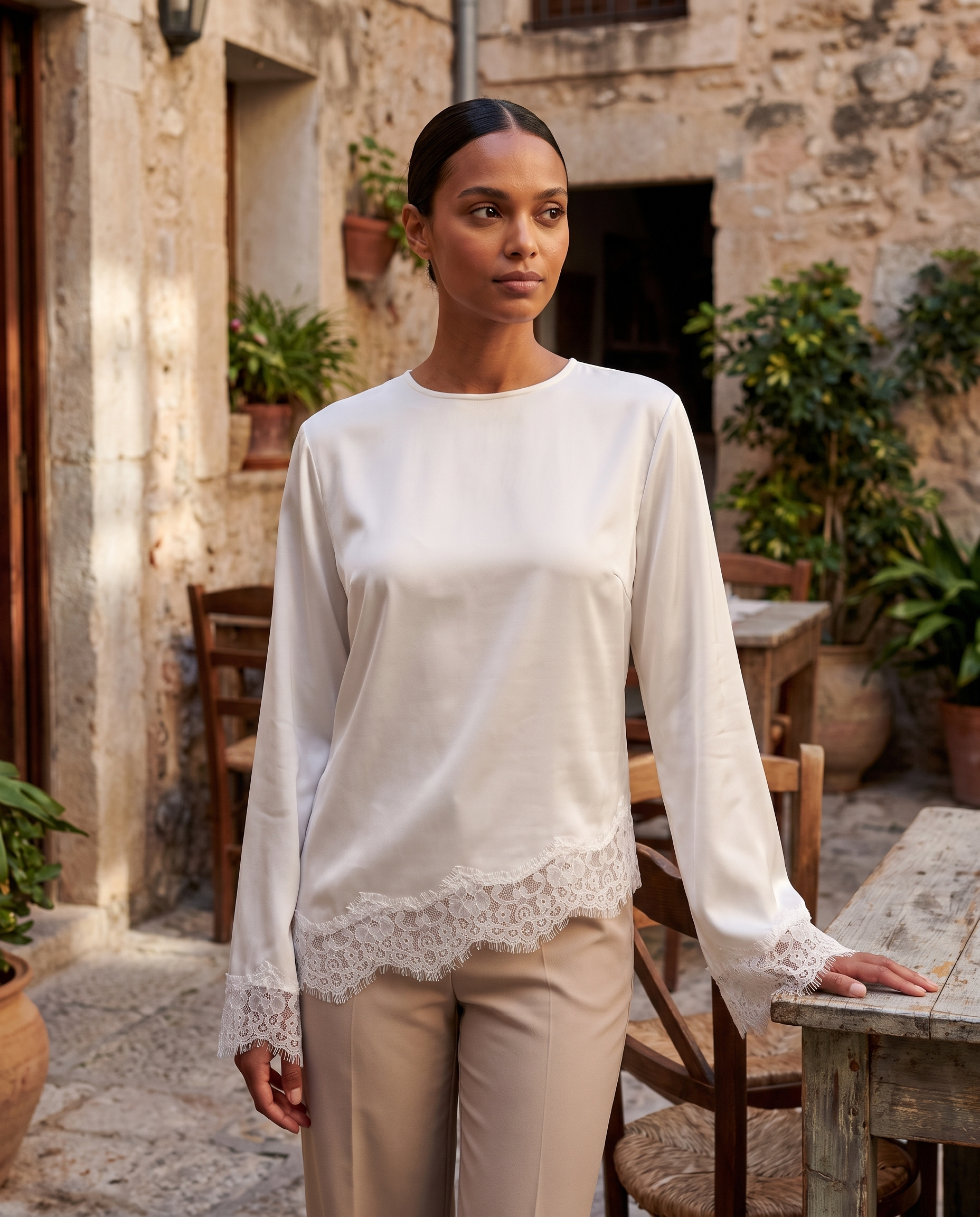 Lace Trim Long Sleeve Top with Round Neck – product detail view 2