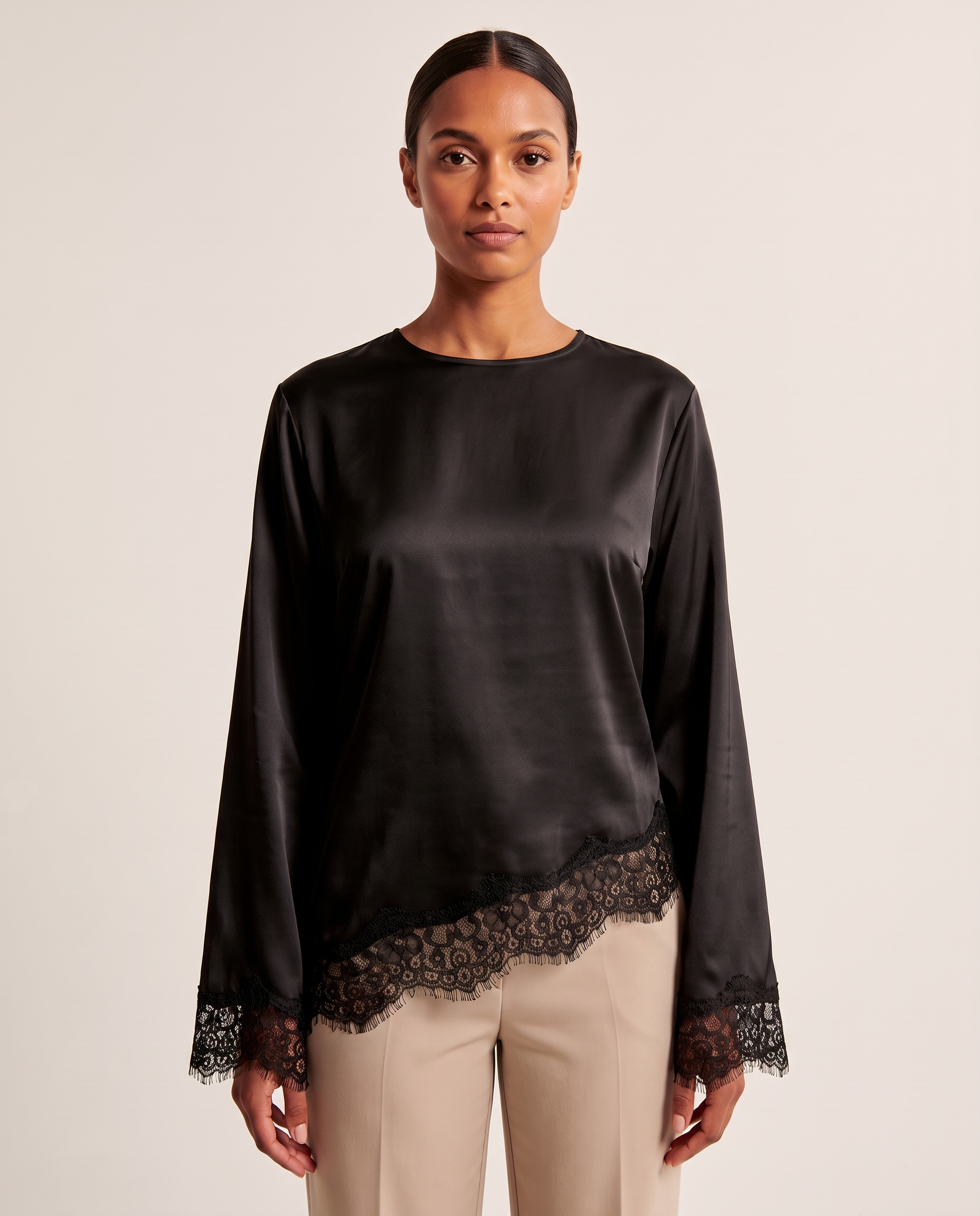 Lace Trim Long Sleeve Top with Round Neck – product detail view 4