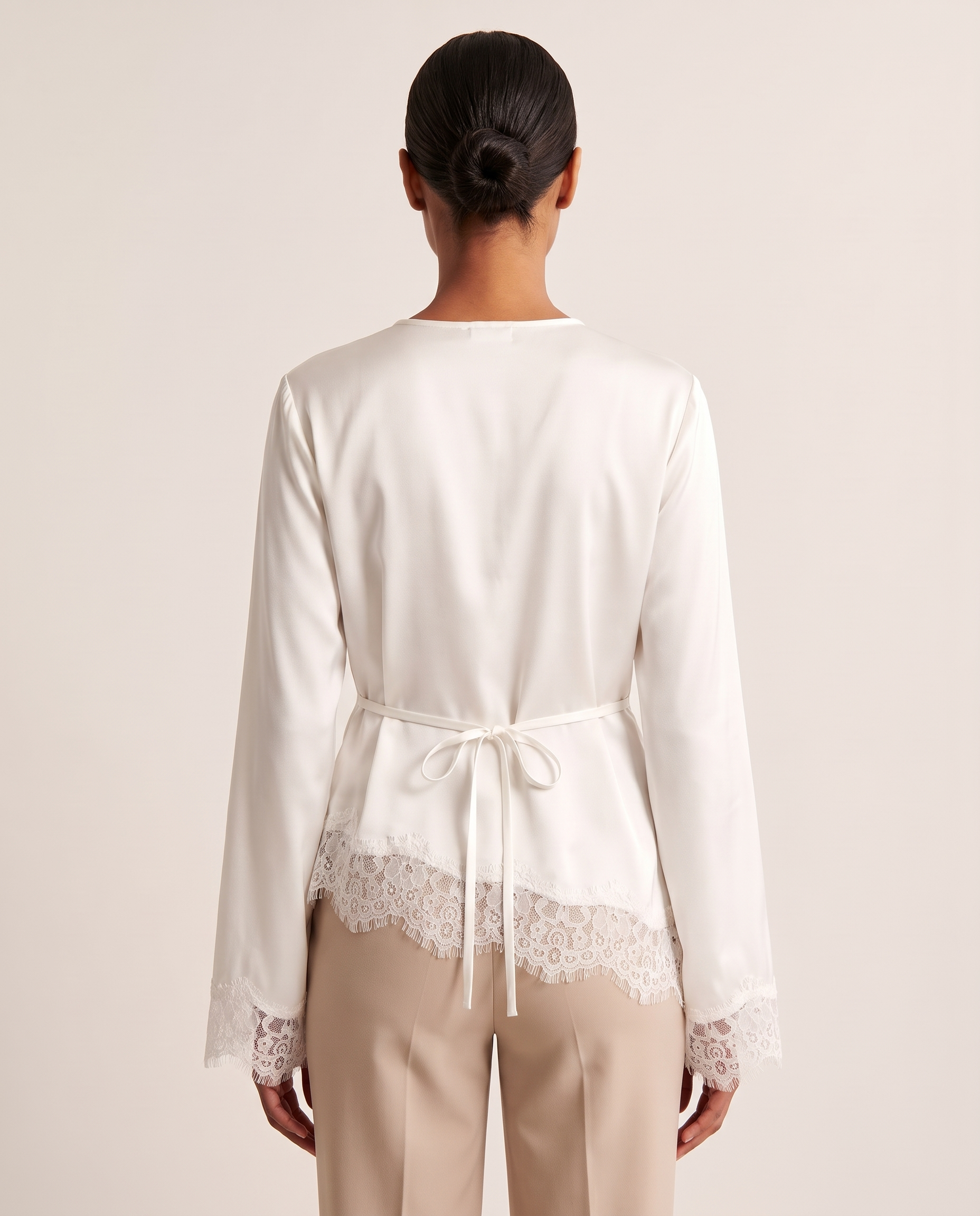 Lace Trim Long Sleeve Top with Round Neck – alternate product view