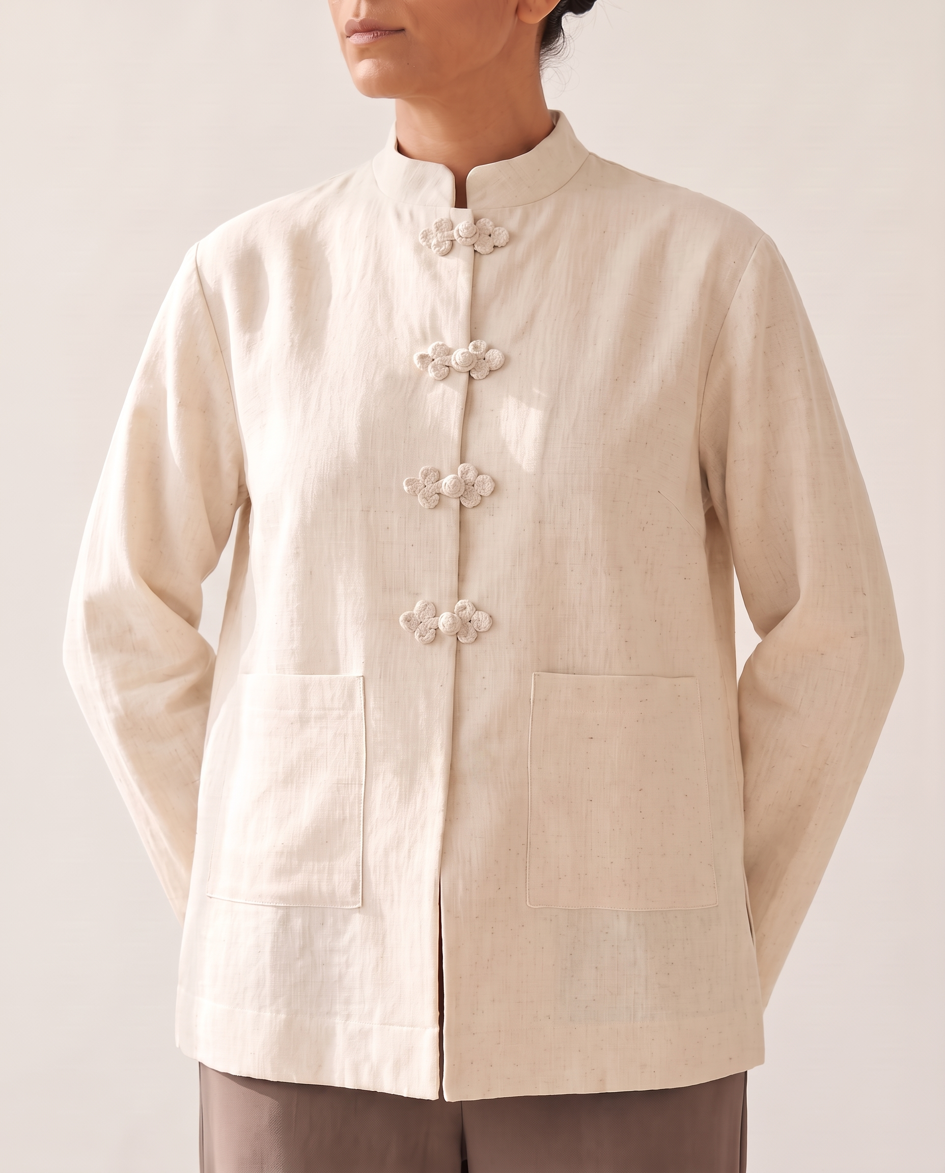 Stand Collar Blouse with Button Front and Split Hem – alternate product view