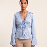 Lace and Satin Tie Front Blouse with V Neck – primary product view