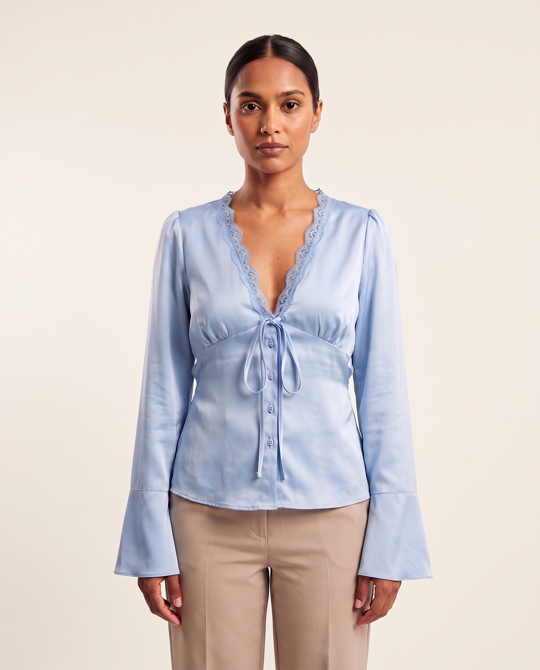 Lace and Satin Tie Front Blouse with V Neck – primary product view