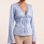 Lace and Satin Tie Front Blouse with V Neck – alternate product view