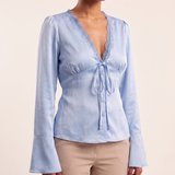 Lace and Satin Tie Front Blouse with V Neck – alternate product view