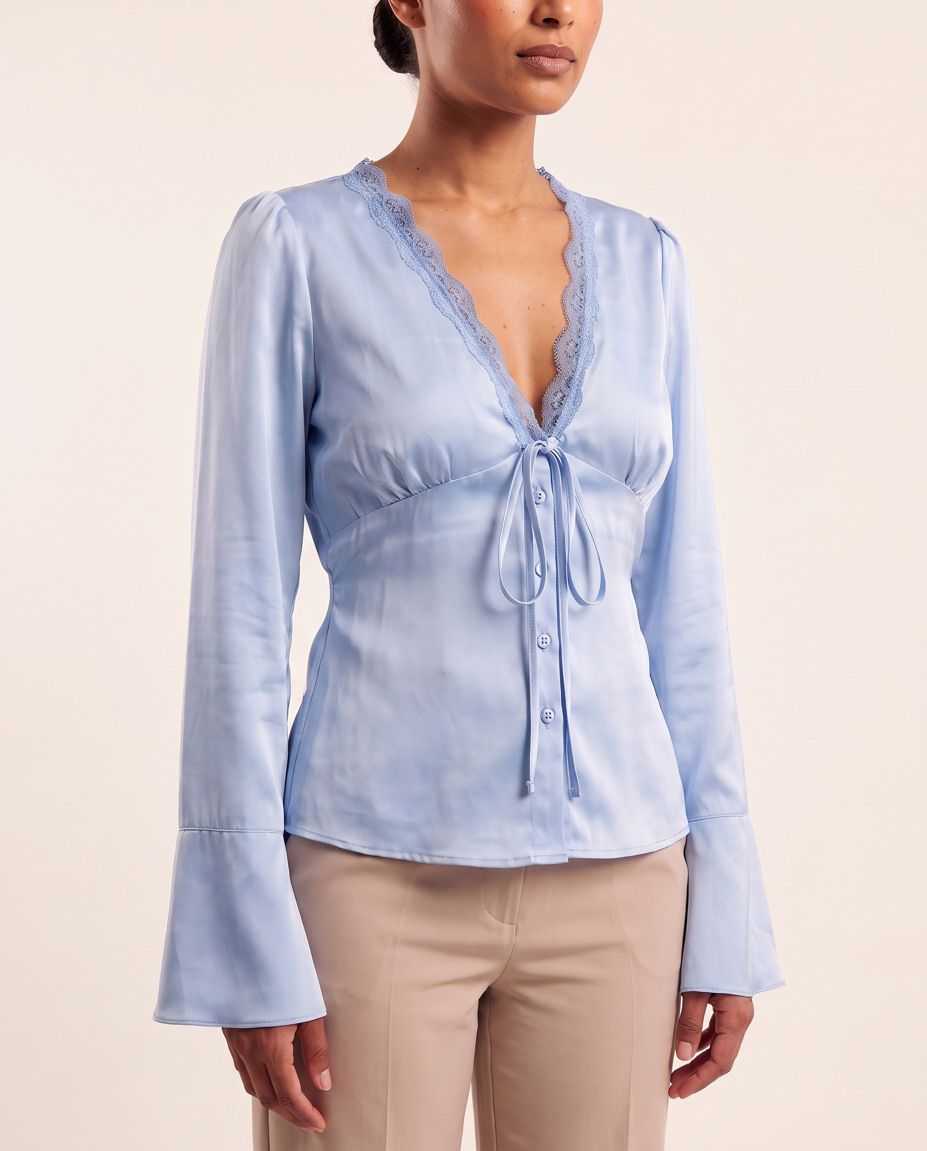 Lace and Satin Tie Front Blouse with V Neck – alternate product view