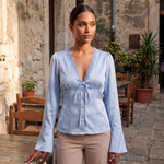 Lace and Satin Tie Front Blouse with V Neck – product detail view 1