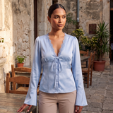 Lace and Satin Tie Front Blouse with V Neck – product detail view 1