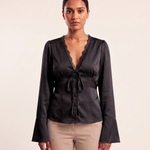 Lace and Satin Tie Front Blouse with V Neck – product detail view 2